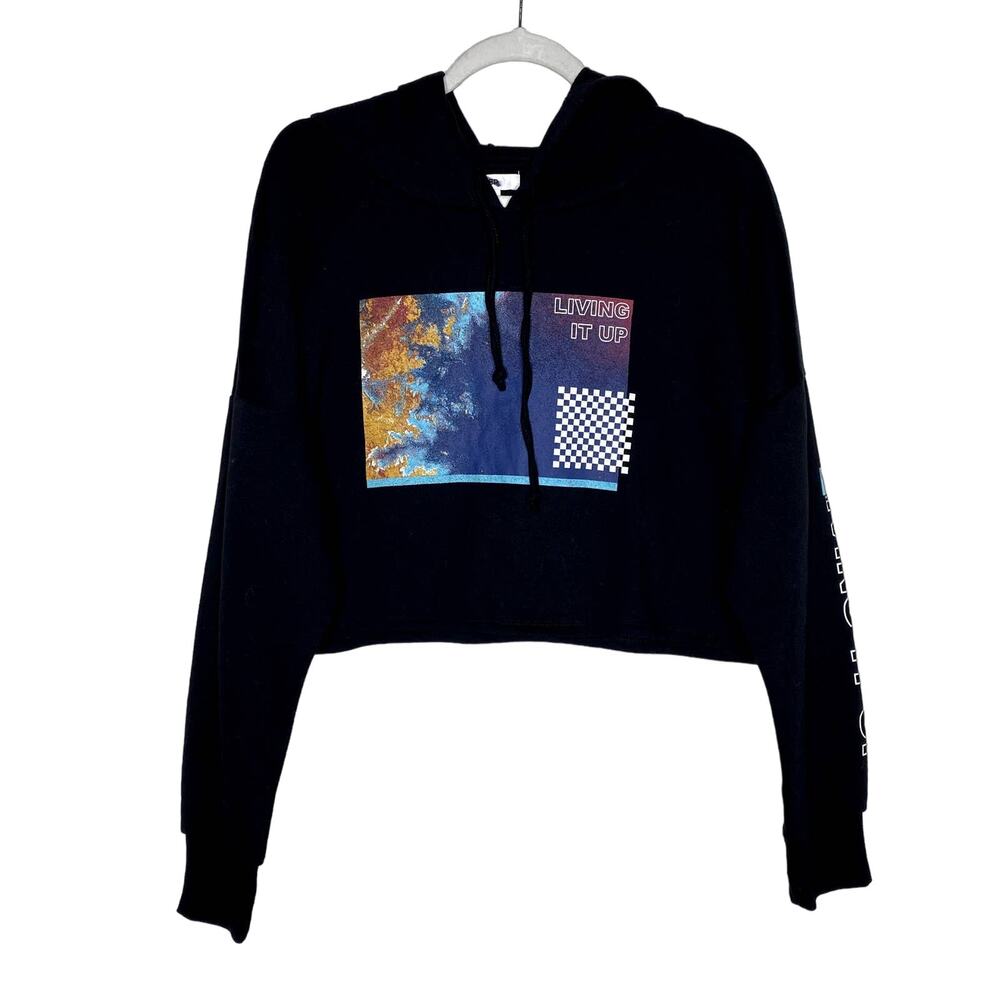 BP Living It Up Cropped Long Sleeve Graphic Hoodie Sweatshirt Black Size XL